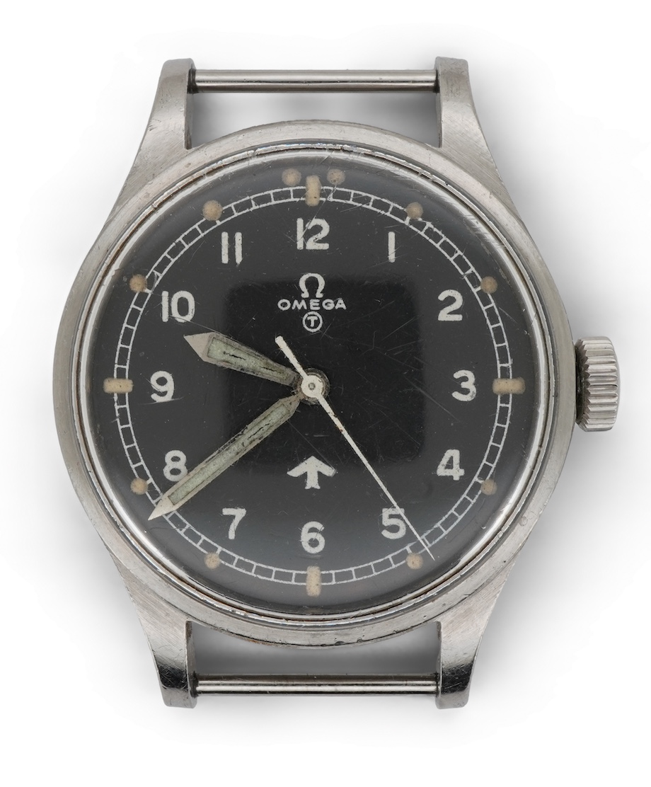 A gentleman's 1950's stainless steel Omega British Military RAF pilot's fixed bar manual wind wrist watch
